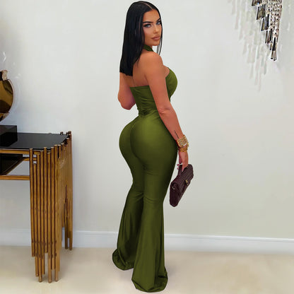 Solid Color Sleeveless Jumpsuit For Women In Polyester Fabric Featuring Wide Leg Full Length Pants With Micro-Elastic Fit