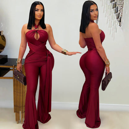 Solid Color Sleeveless Jumpsuit For Women In Polyester Fabric Featuring Wide Leg Full Length Pants With Micro-Elastic Fit