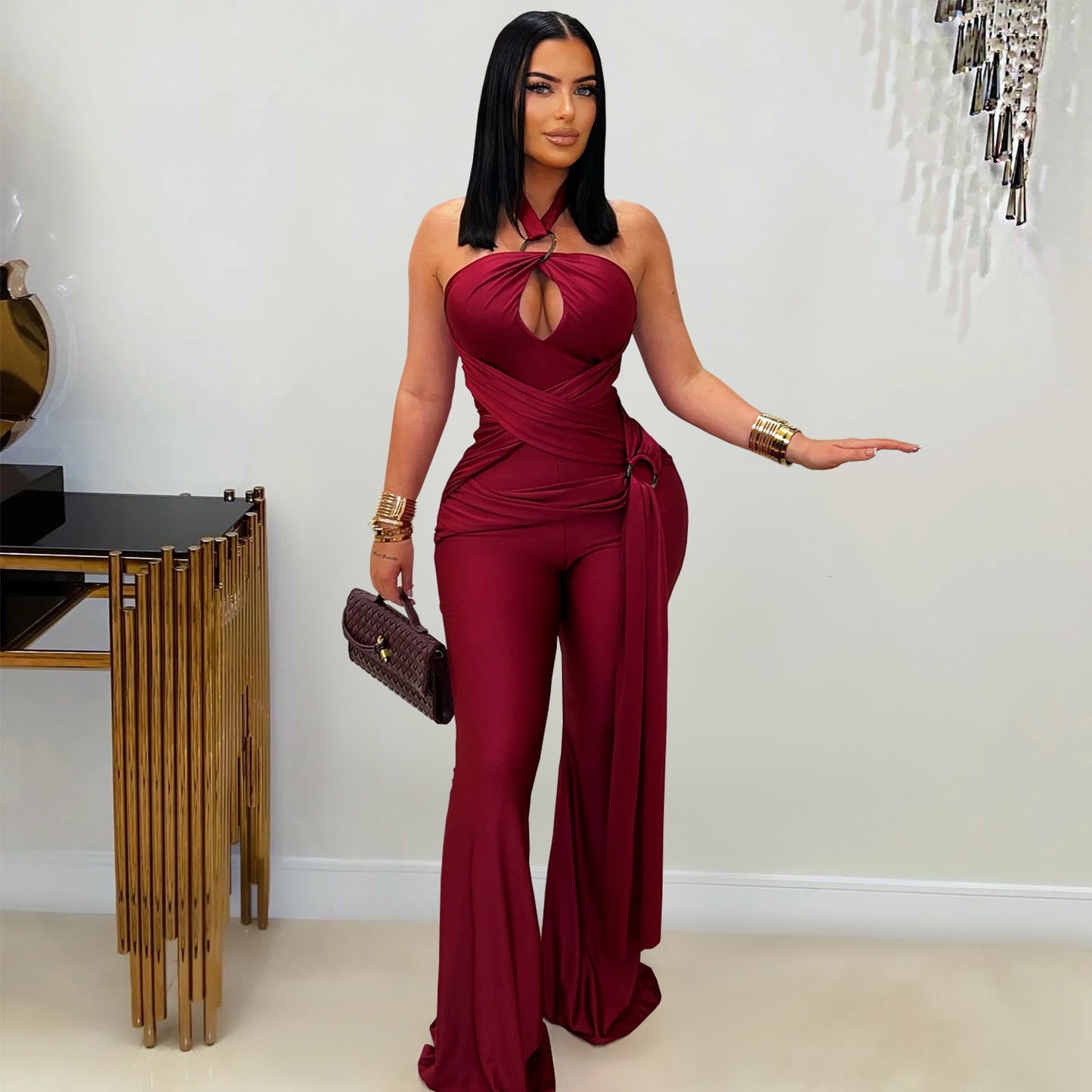 Solid Color Sleeveless Jumpsuit For Women In Polyester Fabric Featuring Wide Leg Full Length Pants With Micro-Elastic Fit