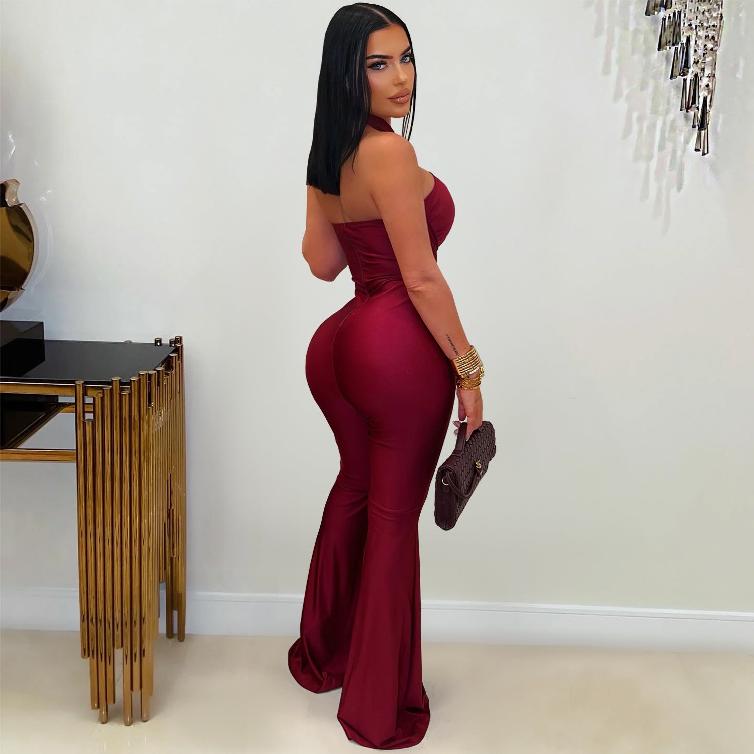 Solid Color Sleeveless Jumpsuit For Women In Polyester Fabric Featuring Wide Leg Full Length Pants With Micro-Elastic Fit