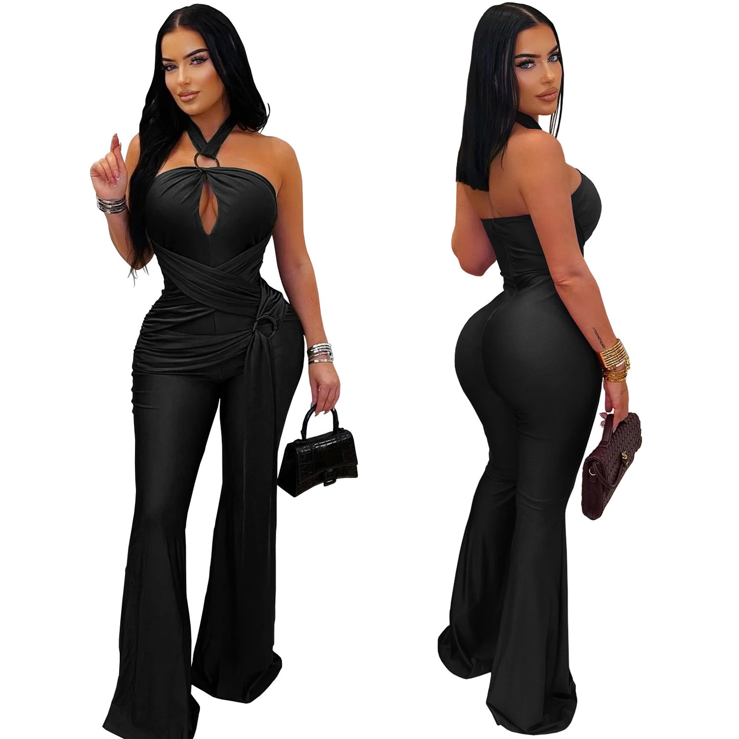 Solid Color Sleeveless Jumpsuit For Women In Polyester Fabric Featuring Wide Leg Full Length Pants With Micro-Elastic Fit