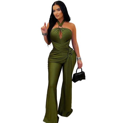 Solid Color Sleeveless Jumpsuit For Women In Polyester Fabric Featuring Wide Leg Full Length Pants With Micro-Elastic Fit
