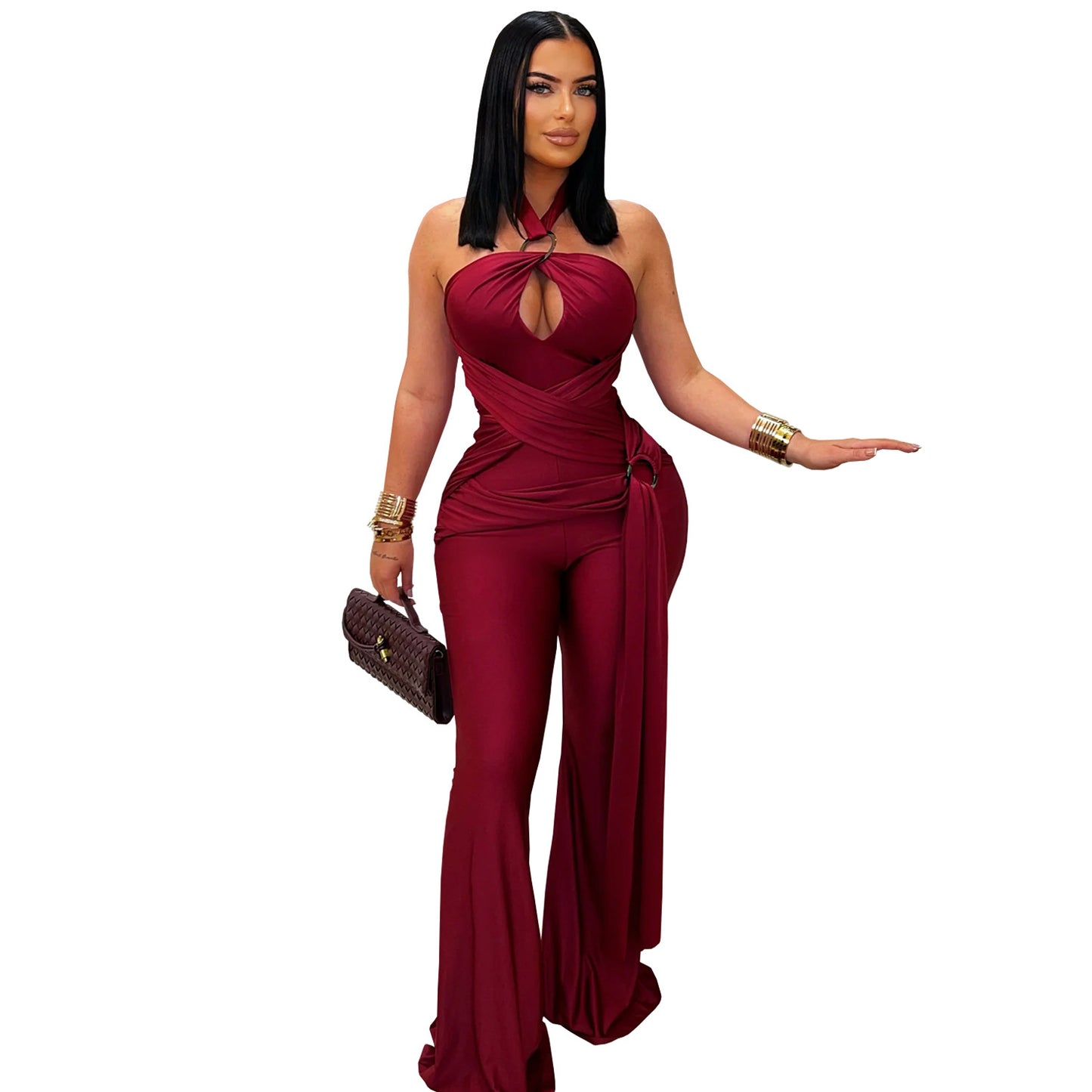 Solid Color Sleeveless Jumpsuit For Women In Polyester Fabric Featuring Wide Leg Full Length Pants With Micro-Elastic Fit
