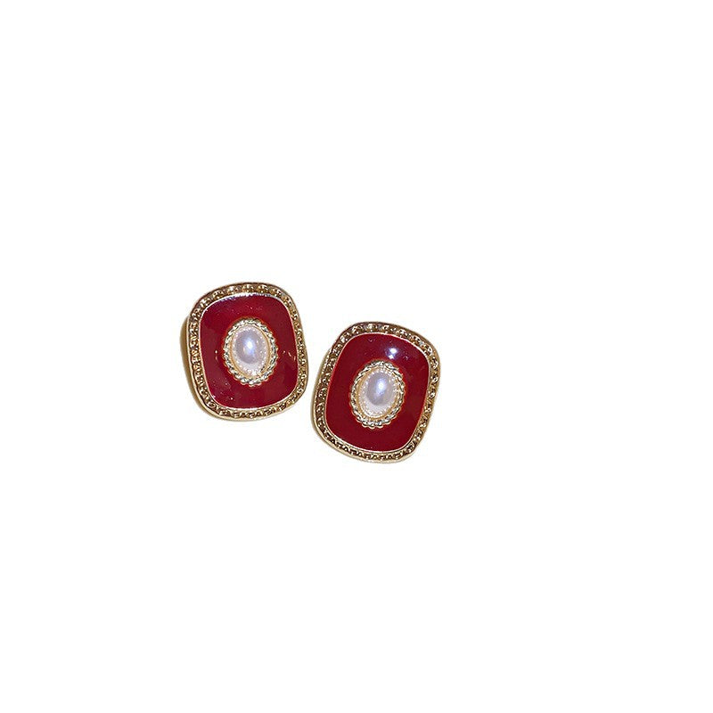 Geometric Enamel Earrings For Women In Retro Style Featuring Red Metal Design