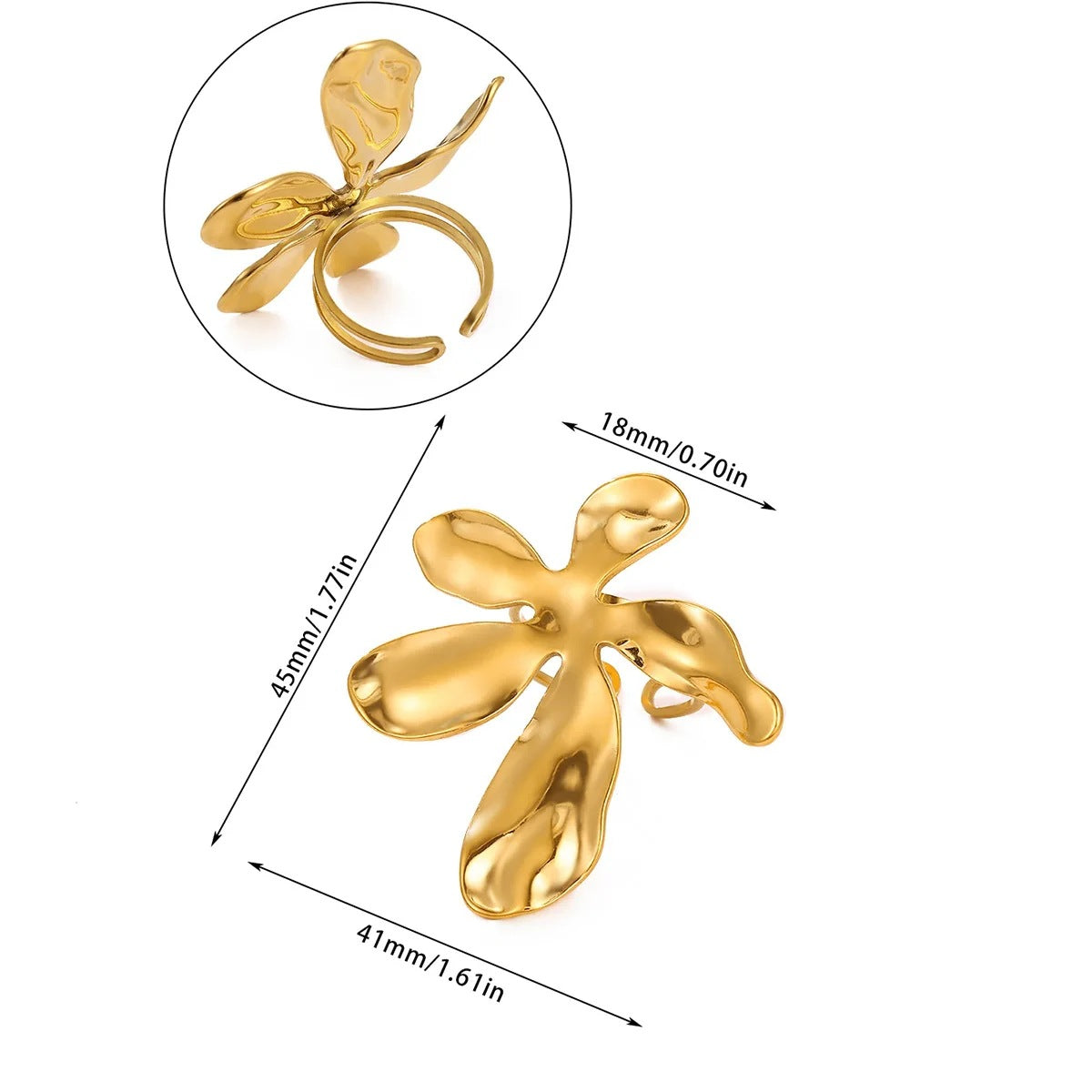 Adjustable Flowers Ring For Women In 304 Stainless Steel With PVD Coated Gold Plating Process