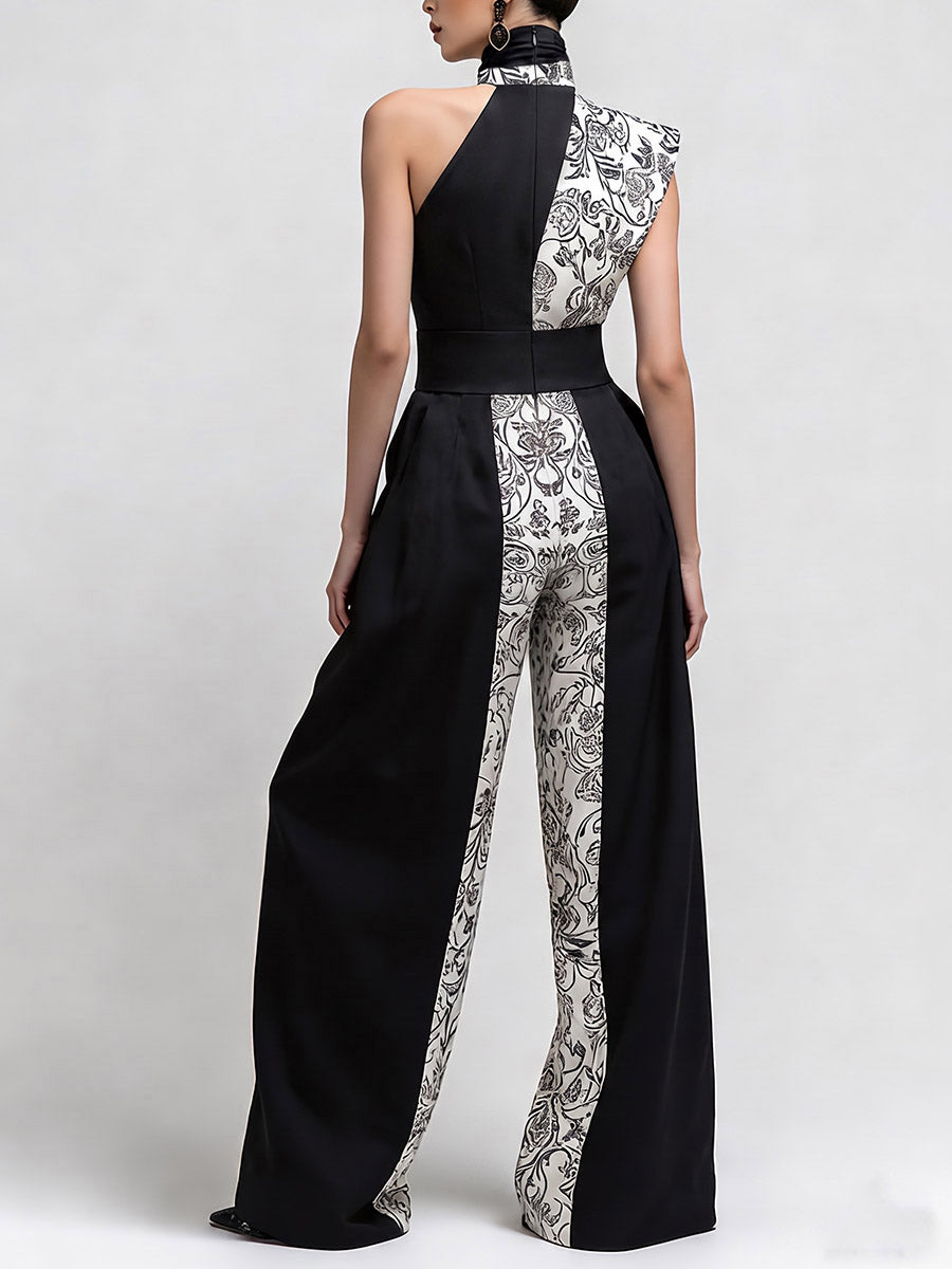 Split-Joint Pockets Pleated Flower Print Contrast Color Buttoned Wide Leg Sleeveless One-shoulder Jumpsuits
