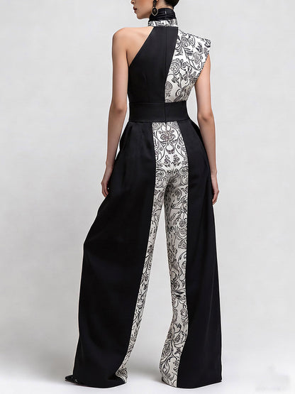 Split-Joint Pockets Pleated Flower Print Contrast Color Buttoned Wide Leg Sleeveless One-shoulder Jumpsuits