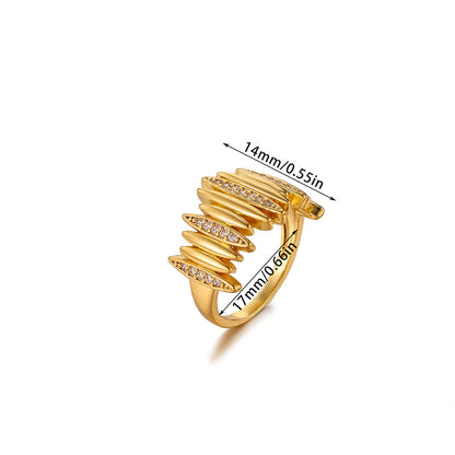 Exaggerated Geometric Ring For Women Made Of Copper With 18K Real Gold Plating Featuring Zircon In Golden Tone
