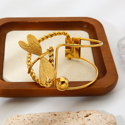 Dragonfly Asymmetrical Bangle For Women, Electroplated Metal With 18K Real Gold Plated Finish