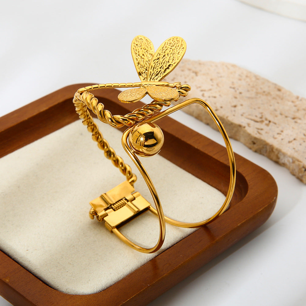 Dragonfly Asymmetrical Bangle For Women, Electroplated Metal With 18K Real Gold Plated Finish