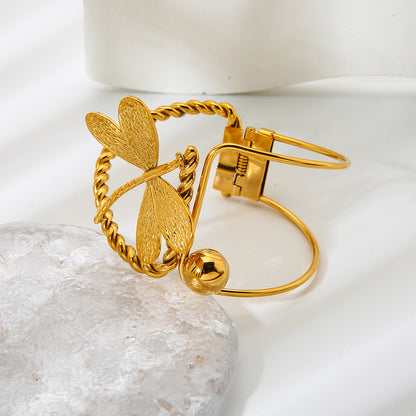 Dragonfly Asymmetrical Bangle For Women, Electroplated Metal With 18K Real Gold Plated Finish