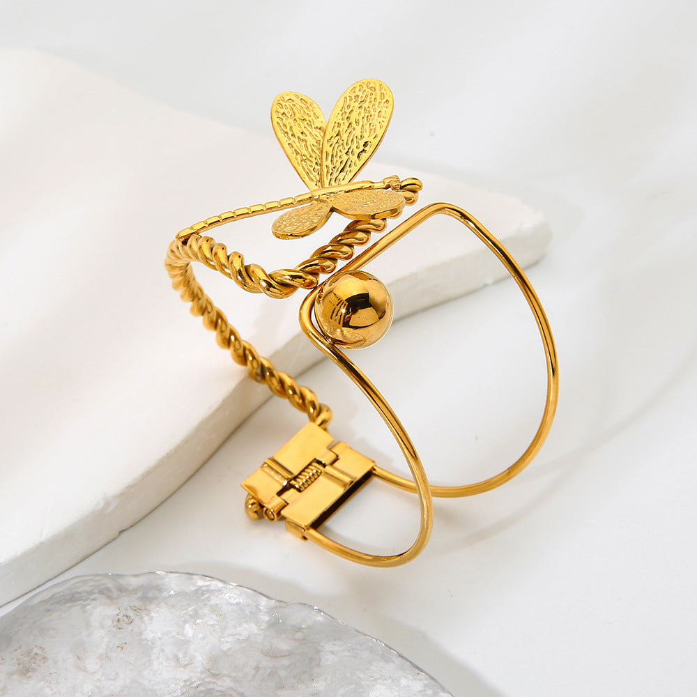 Dragonfly Asymmetrical Bangle For Women, Electroplated Metal With 18K Real Gold Plated Finish