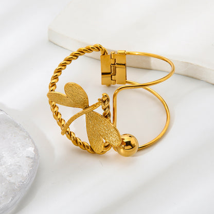 Dragonfly Asymmetrical Bangle For Women, Electroplated Metal With 18K Real Gold Plated Finish