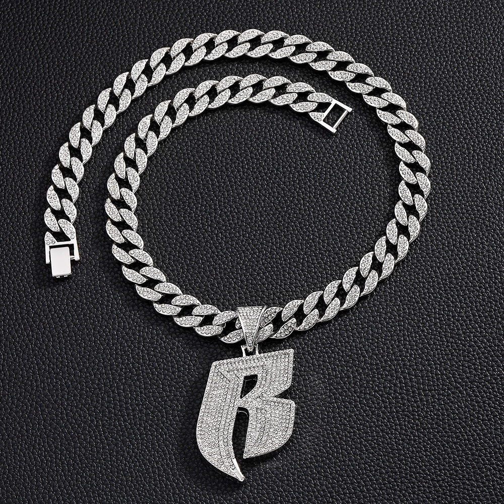 Hip-Hop Style Personalized Design Full Diamond Alloy Cuban Chain Buckle Necklace Letter Pattern Zircon Inlaid Rose Gold Black Silver White