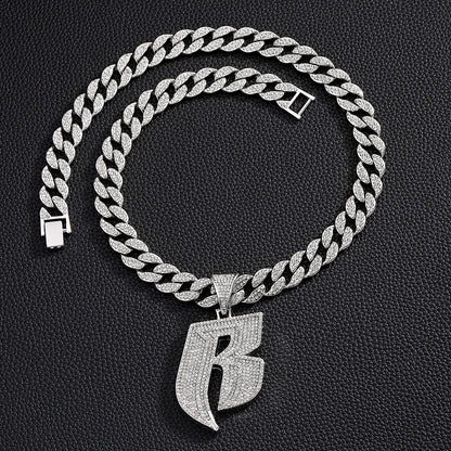 Hip-Hop Style Personalized Design Full Diamond Alloy Cuban Chain Buckle Necklace Letter Pattern Zircon Inlaid Rose Gold Black Silver White