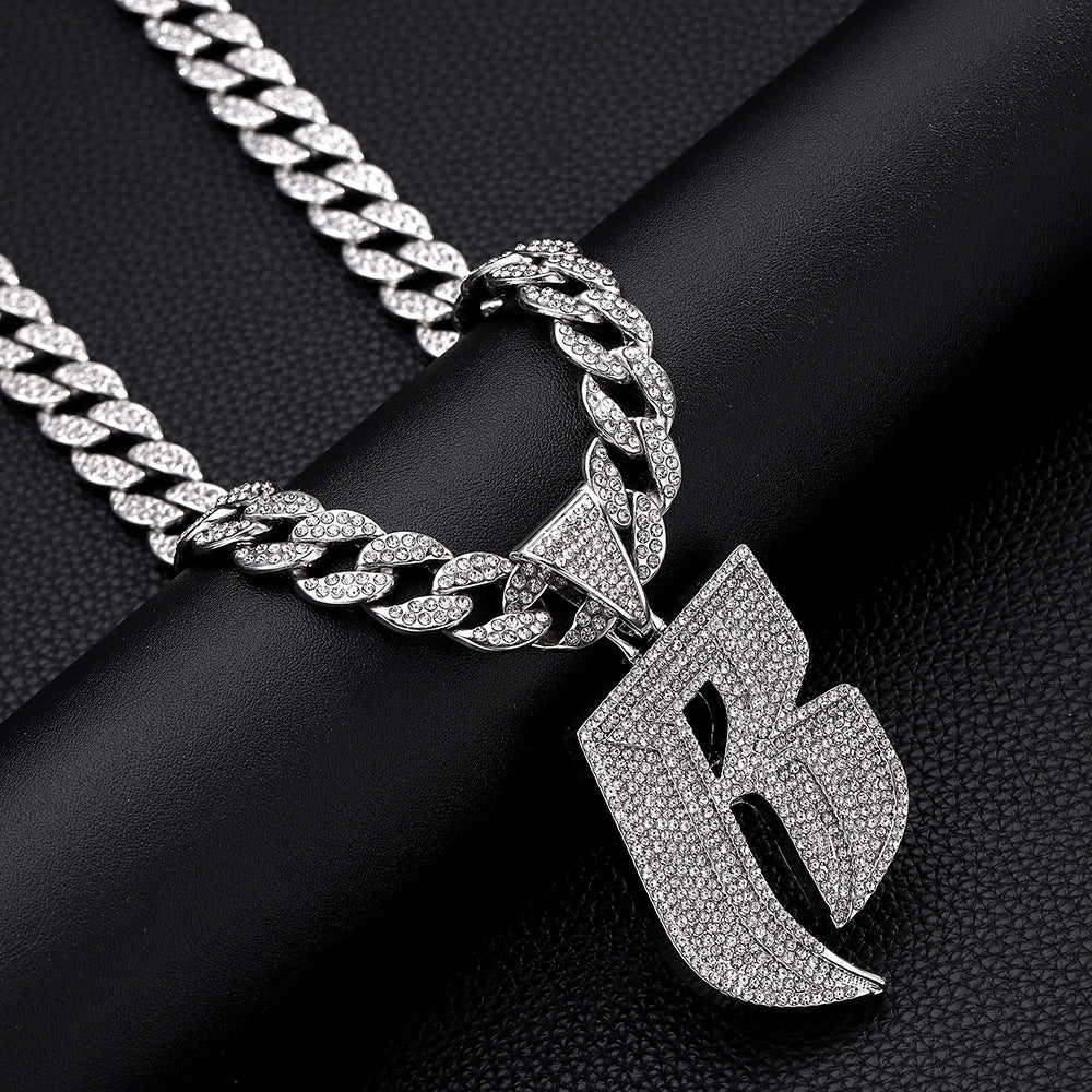 Hip-Hop Style Personalized Design Full Diamond Alloy Cuban Chain Buckle Necklace Letter Pattern Zircon Inlaid Rose Gold Black Silver White