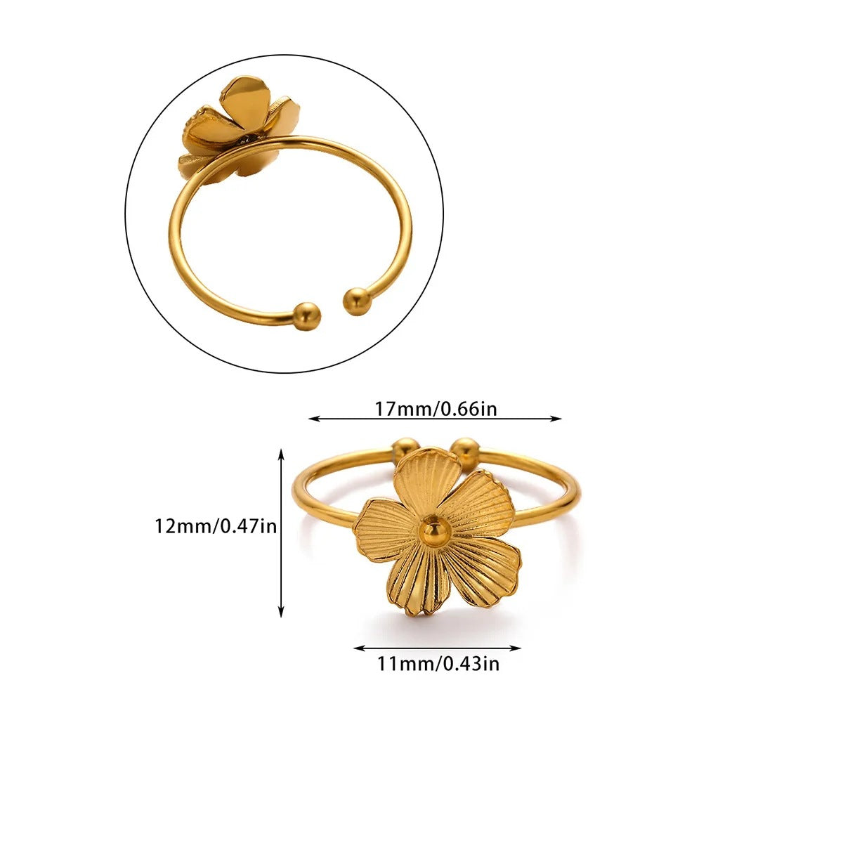 Adjustable Flowers Ring For Women In 304 Stainless Steel With PVD Coated Gold Plating Process
