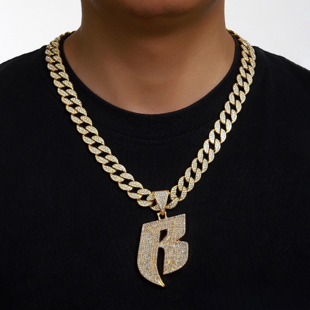 Hip-Hop Style Personalized Design Full Diamond Alloy Cuban Chain Buckle Necklace Letter Pattern Zircon Inlaid Rose Gold Black Silver White