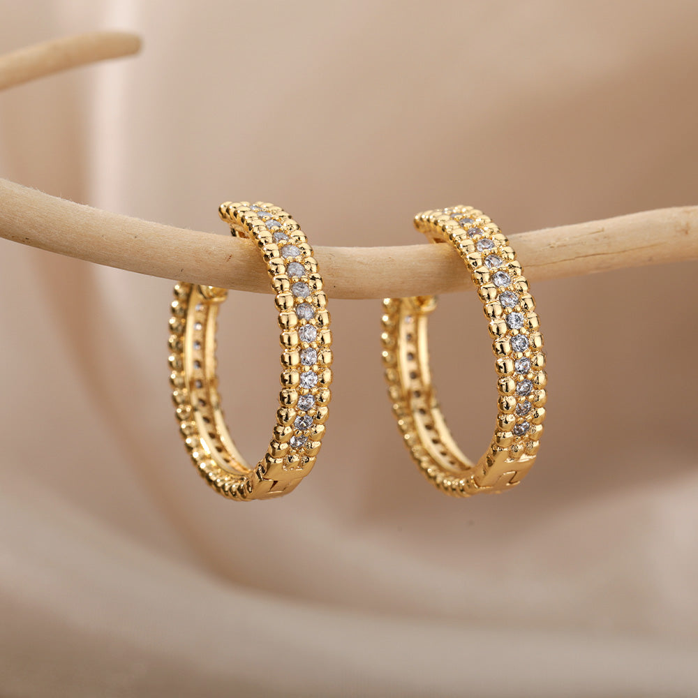 Geometric Waterproof Non Tarnish Earrings For Women, Copper With 18K Real Gold Plated PVD Coating And Zircon Inlay