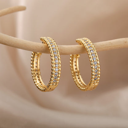 Geometric Waterproof Non Tarnish Earrings For Women, Copper With 18K Real Gold Plated PVD Coating And Zircon Inlay
