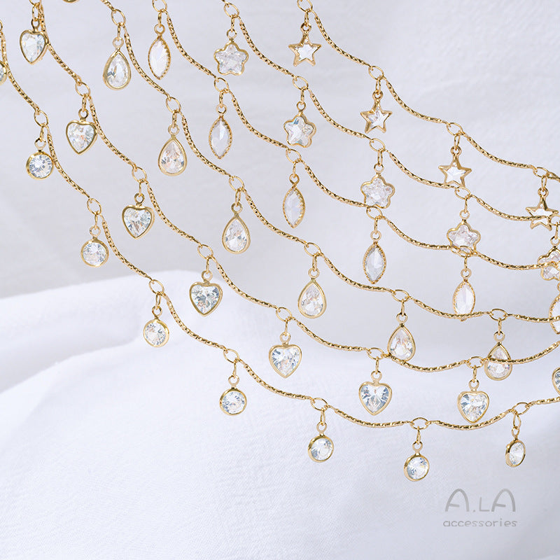 14K Real Gold Plated Chain Featuring Heart Shape And Flower Pentagon Design With Zircon Inlay In Golden