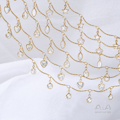 14K Real Gold Plated Chain Featuring Heart Shape And Flower Pentagon Design With Zircon Inlay In Golden