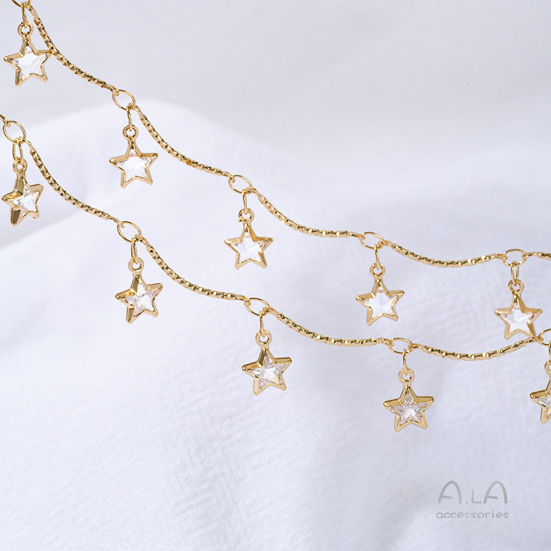 14K Real Gold Plated Chain Featuring Heart Shape And Flower Pentagon Design With Zircon Inlay In Golden