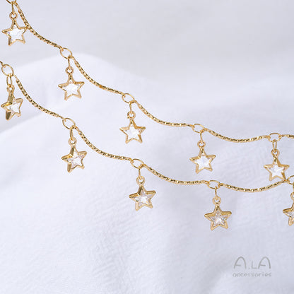 14K Real Gold Plated Chain Featuring Heart Shape And Flower Pentagon Design With Zircon Inlay In Golden
