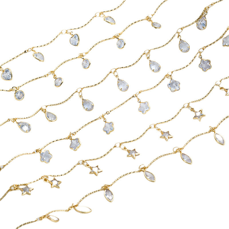 14K Real Gold Plated Chain Featuring Heart Shape And Flower Pentagon Design With Zircon Inlay In Golden