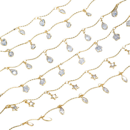 14K Real Gold Plated Chain Featuring Heart Shape And Flower Pentagon Design With Zircon Inlay In Golden