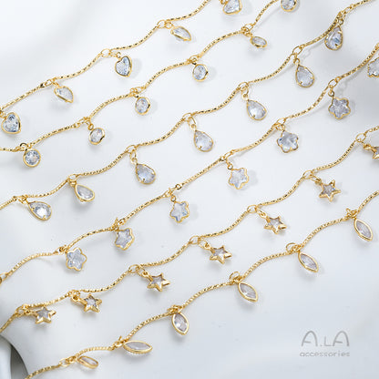 14K Real Gold Plated Chain Featuring Heart Shape And Flower Pentagon Design With Zircon Inlay In Golden