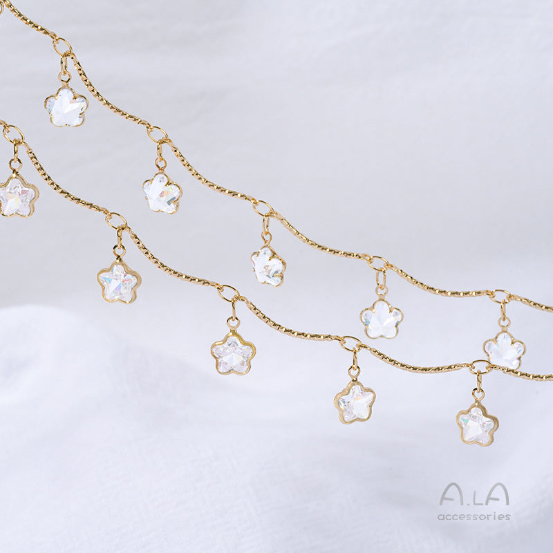 14K Real Gold Plated Chain Featuring Heart Shape And Flower Pentagon Design With Zircon Inlay In Golden