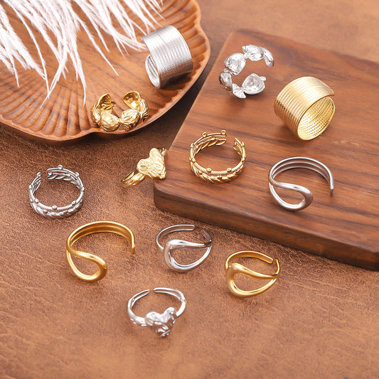 Vintage Style Geometric Open Rings For Unisex, Made Of 304 Stainless Steel With 18K Real Gold Plated Electroplating