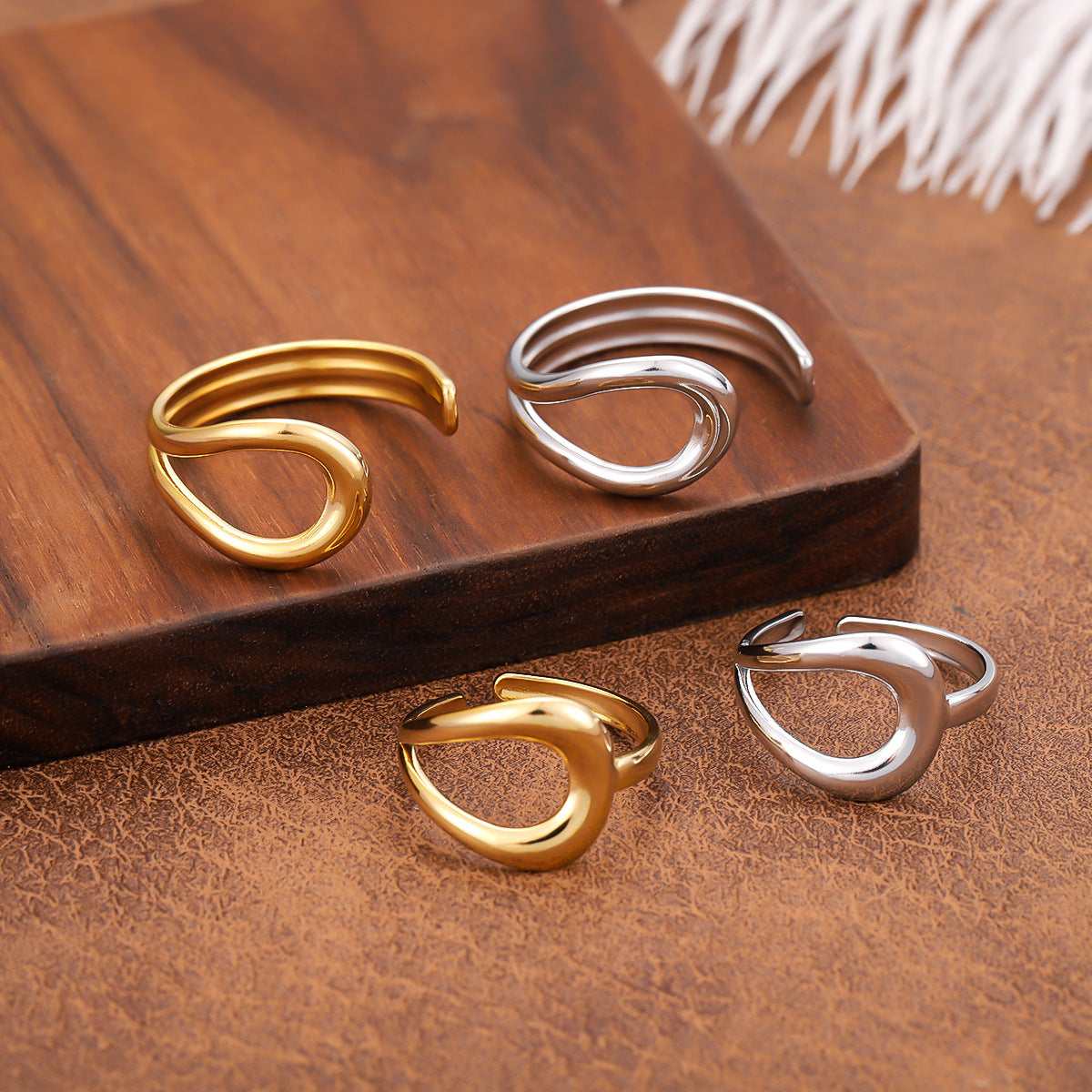 Vintage Style Geometric Open Rings For Unisex, Made Of 304 Stainless Steel With 18K Real Gold Plated Electroplating