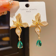 10#Silver Needle Zircon Flower Water Drop Earrings (Real Gold Plating)