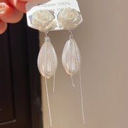 21#Mesh Silver Rose Pearl Tassel Stud Earrings