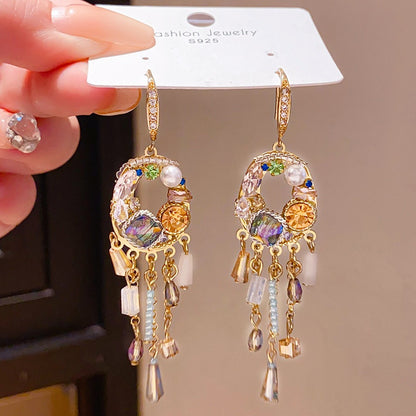 Retro Round Stud Earrings For Women With Tassel Craft, Imitation Pearl Material, And Zircon Inlay