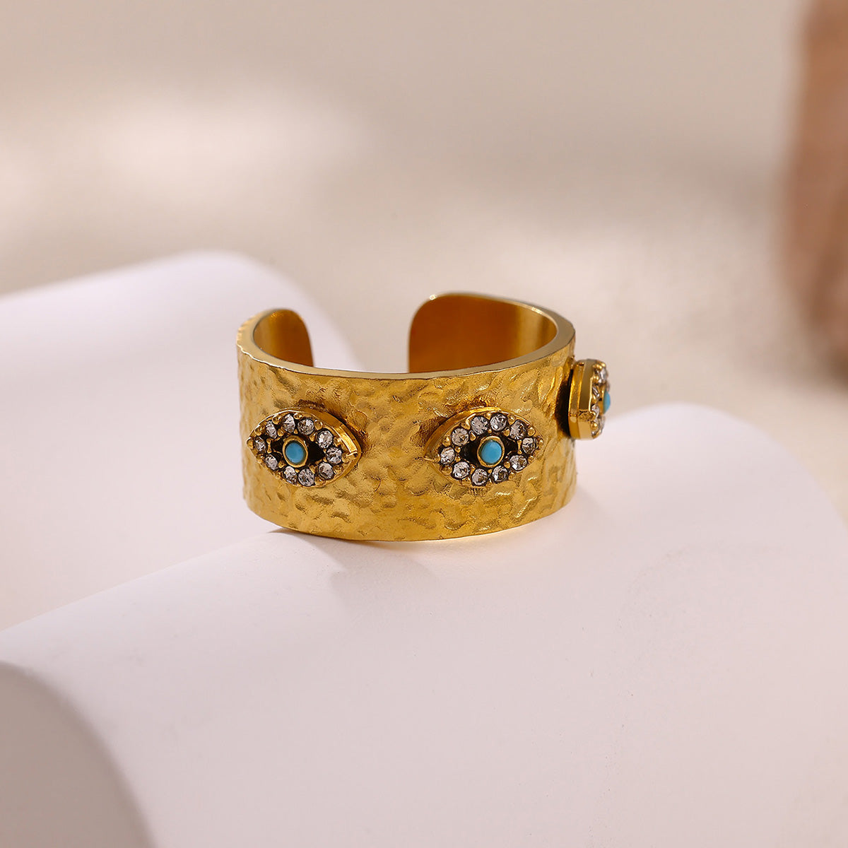 Devil's Eye Ring For Women In 304 Stainless Steel With Electroplated 18K Real Gold Plated And Zircon Inlay