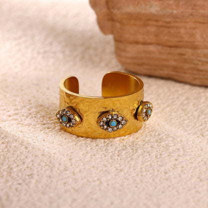 Devil's Eye Ring For Women In 304 Stainless Steel With Electroplated 18K Real Gold Plated And Zircon Inlay