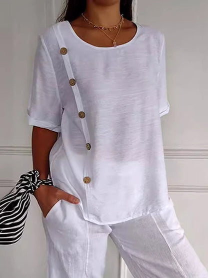 Loose Short Sleeves Buttoned Solid Color Split-Joint Round-Neck Blouses&Shirts Tops