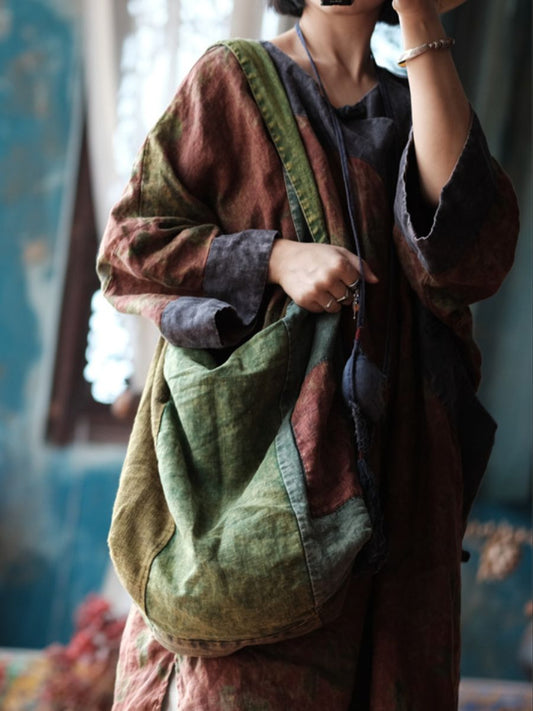 Women Vintage Green Patchwork Cotton Shoulder Bag