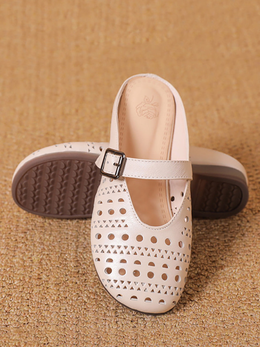 Women Casual Summer Genuine Leather Low Heel Slippers