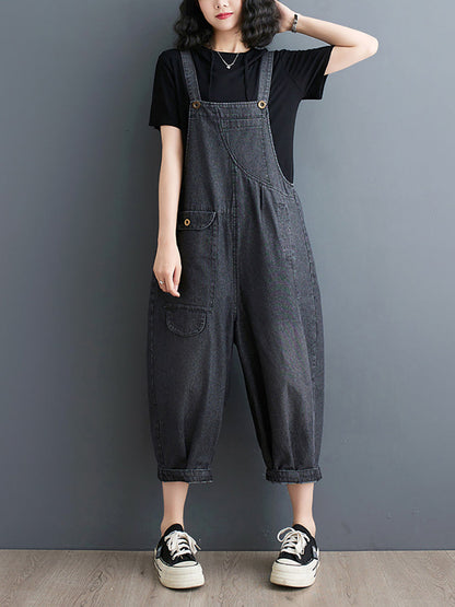 Plus Size Women Summer Solid Casual Loose Denim Jumpsuits