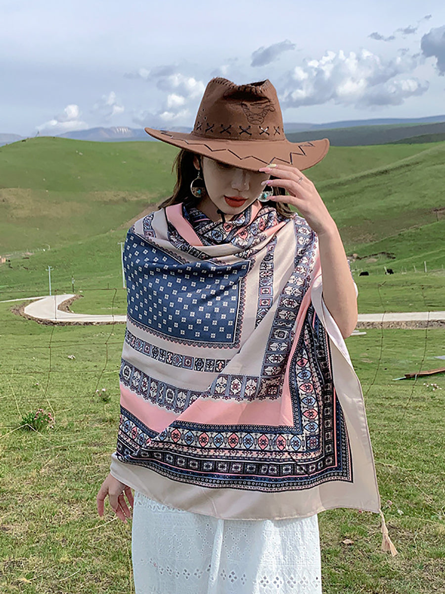 Women Ethnic Print Tassel Shawl Scarf