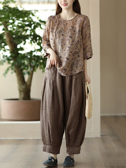 Women Vintage Summer Floral Frog Pullover Linen Shirt