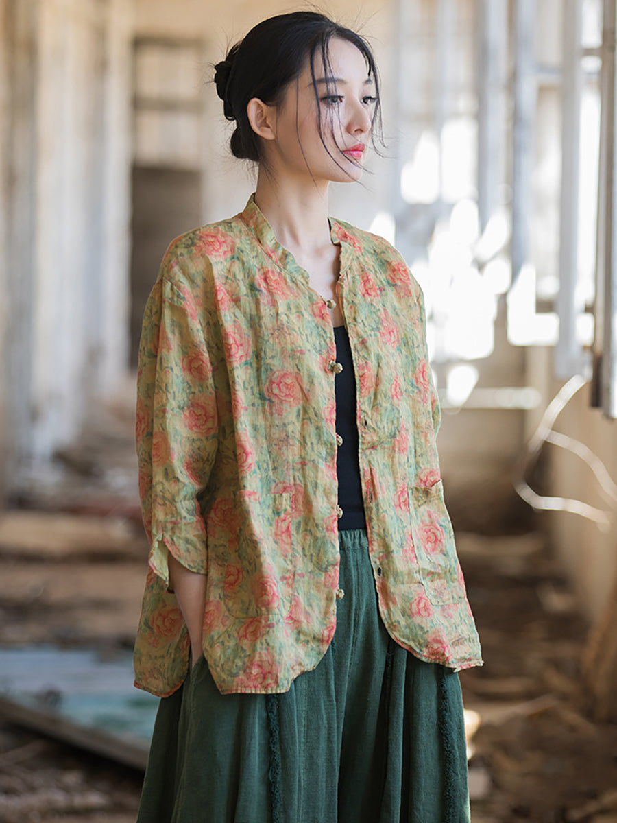 Women Retro Summer Button Flower Print Shirt