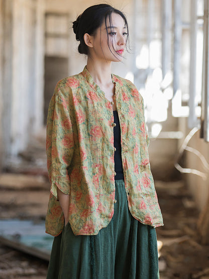 Women Retro Summer Button Flower Print Shirt