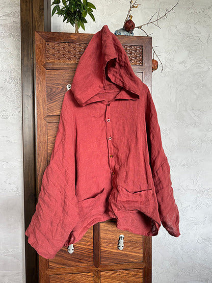 Plus Size Women Summer Vintage Linen Solid Button-up Hooded Shirt