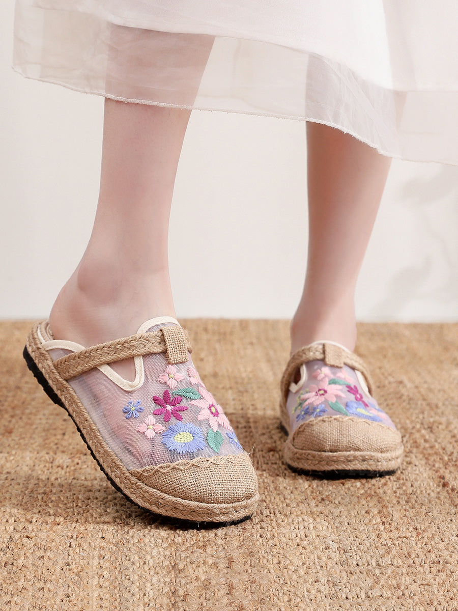 Women Summer Flower Embroidery Slippers