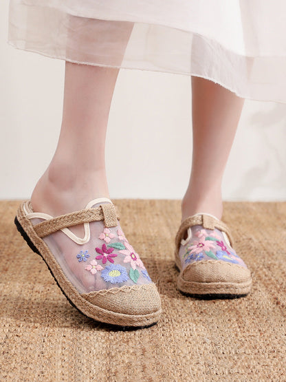 Women Summer Flower Embroidery Slippers